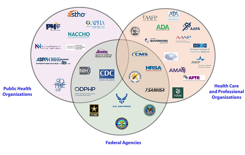 A Venn diagram showing the three types of liaison organizations to the CPSTF