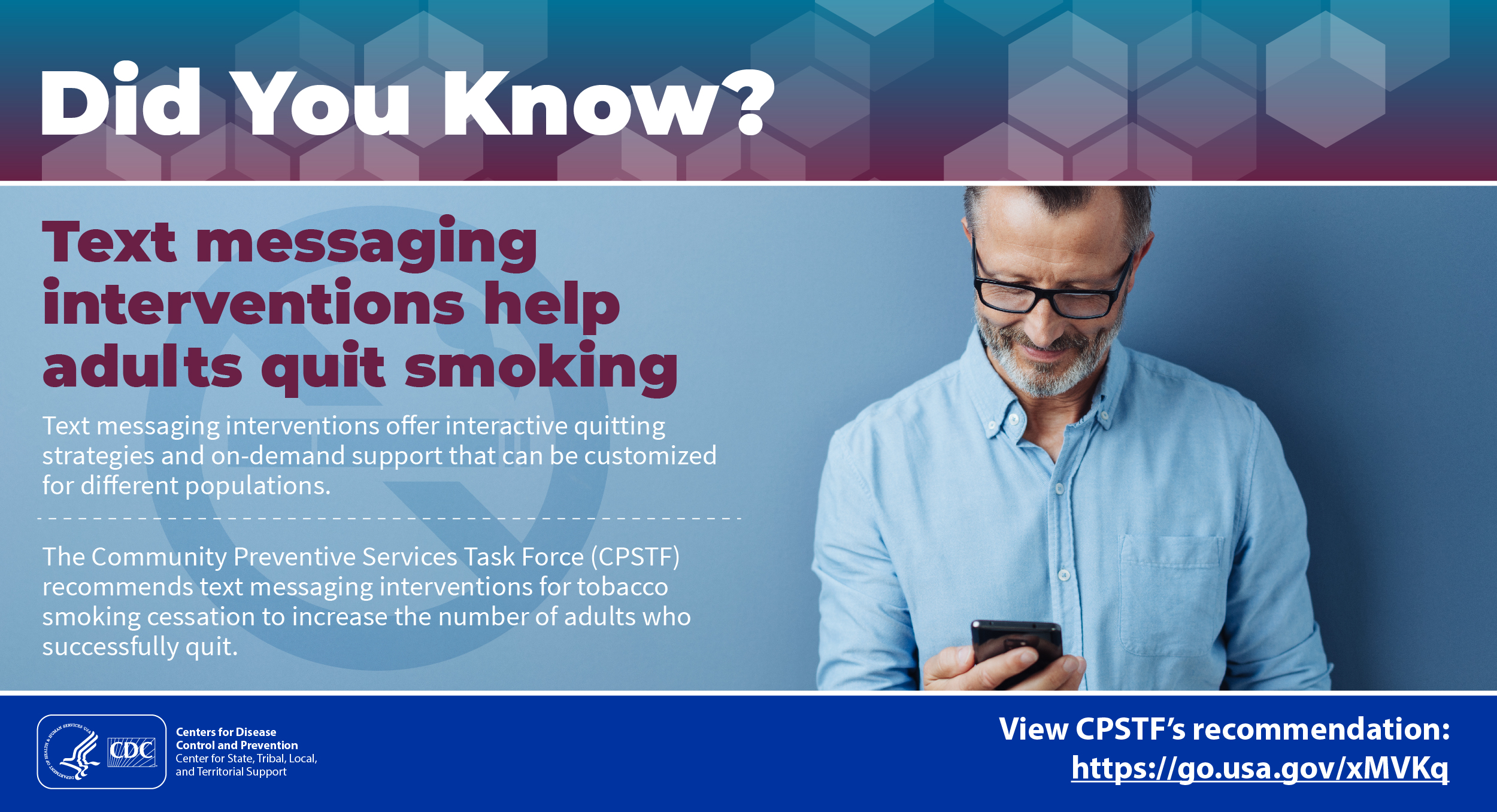 Did You Know? Text messaging interventions help adults quit smoking. Text messaging interventions offer interactive quitting strategies and on-demand support that can be customized for different populations. The Community Preventive Services Task Force (CPSTF) recommends text messaging interventions for tobacco smoking cessation to increase the number of adults who successfully quit. View CPSTF's recommendation: https://go.usa.gov/xMVKq.