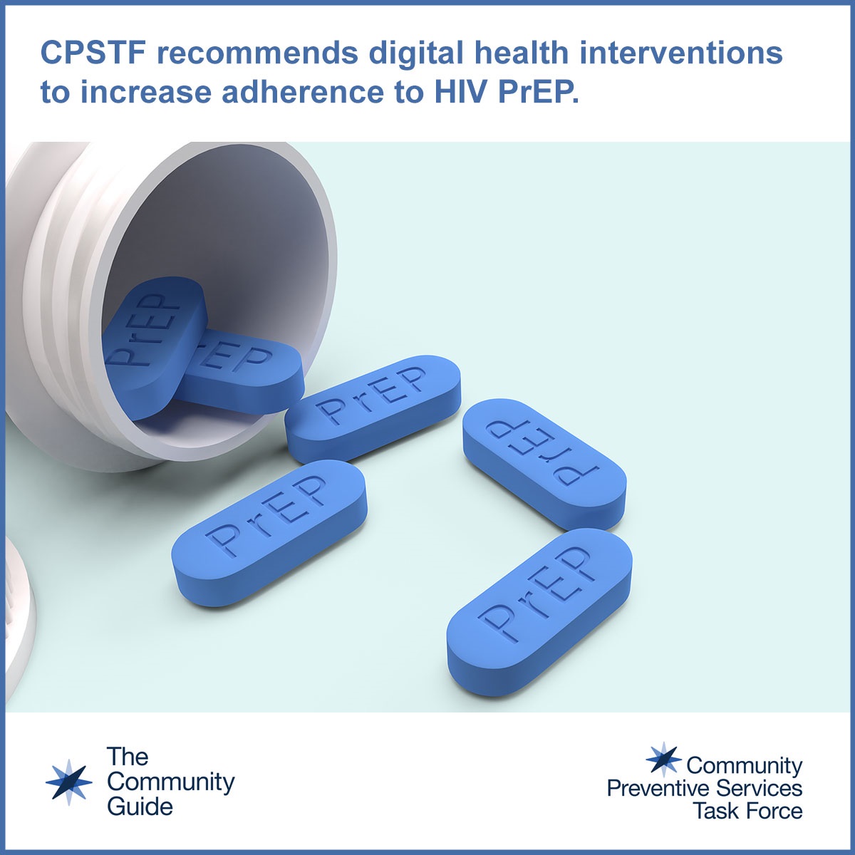Use this image for social media to promote the CPSTF finding for Digital Health Interventions to Improve Adherence to HIV Pre-Exposure Prophylaxis