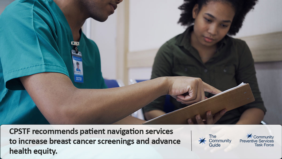 Use this image of a male health care worker talking to female patient to promote the CPSTF finding for Patient Navigation Services to Increase Breast Cancer Screening and Advance Health Equity on your social media accounts.