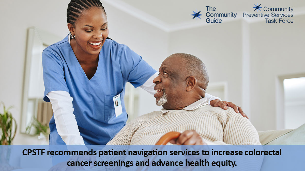 Use this image of image of a female health care worker talking with an elderly male patient to promote the CPSTF finding for Patient Navigation Services to Increase Colorectal Cancer Screening and Advance Health Equity on your social media accounts.
