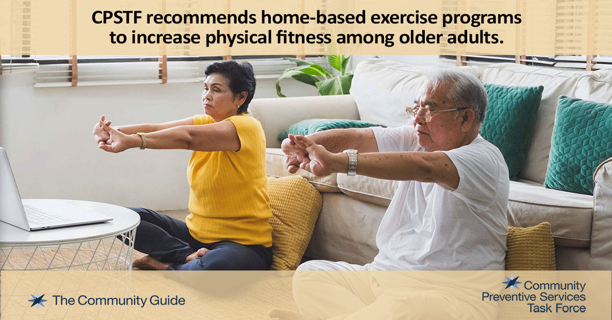 Use this image of an older Asian couple exercising to promote the CPSTF finding for Home-based Exercise Interventions for Adults Aged 65 years and Older on your social media accounts.