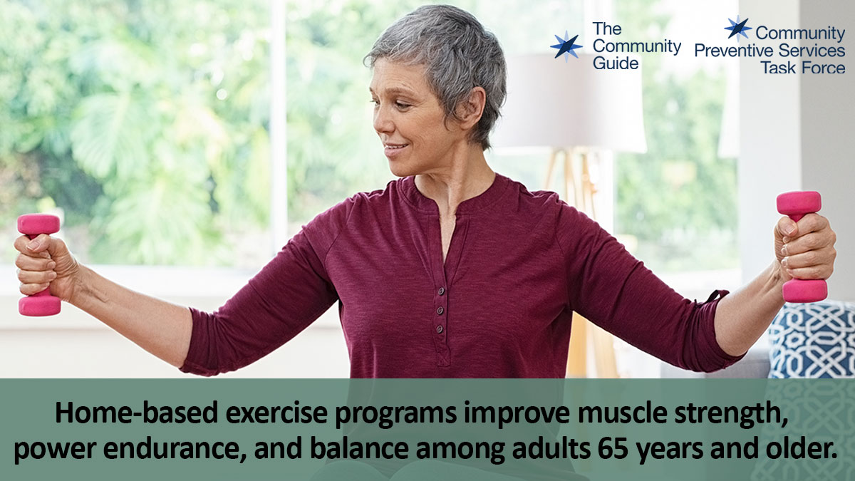 Use this image of an older woman exercising to promote the CPSTF finding for Home-based Exercise Interventions for Adults Aged 65 years and Older on your social media accounts.