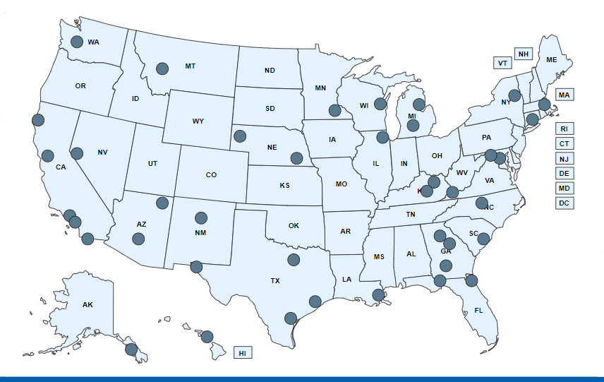 A map of the United States, with gray circular pins showing locations of Community Guide in Action stories