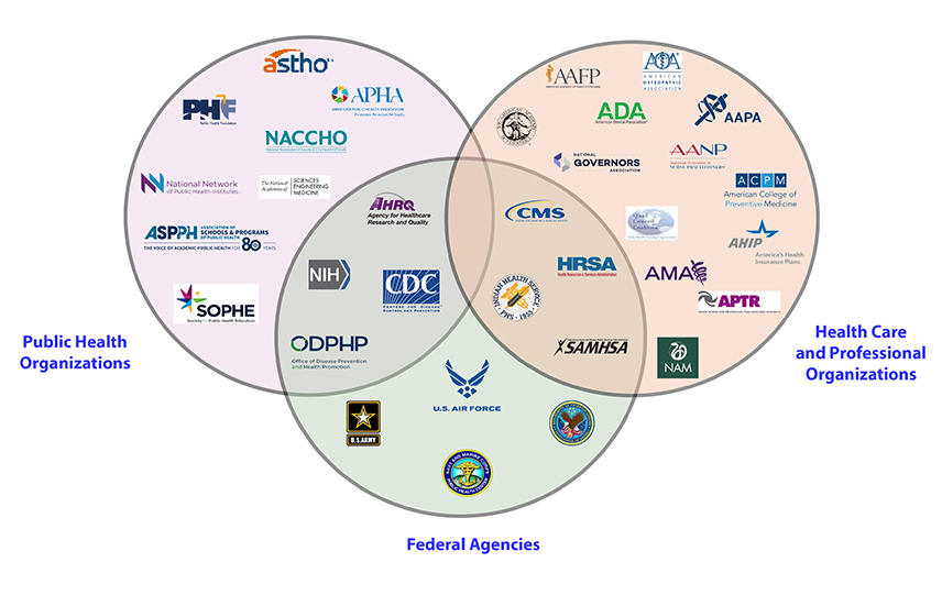 A Venn diagram showing the three types of liaison organizations to the CPSTF