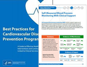 Graphic labeled, “Thumbnail of the cover of a report, “Best Practices for Cardiovascular Disease Prevention Programs” behind a thumbnail of a page from the report.